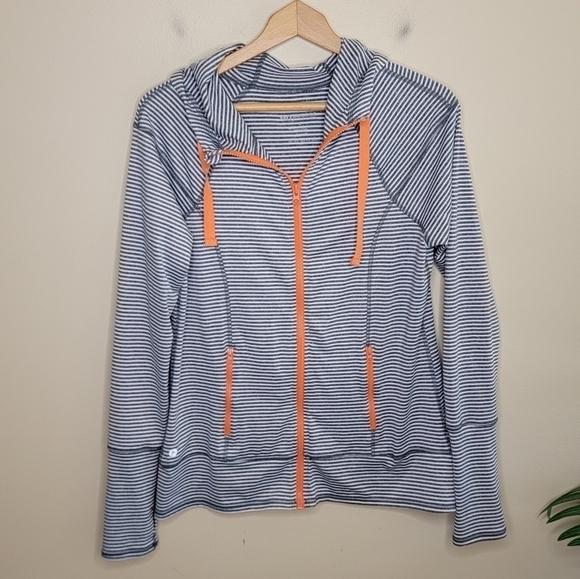 90 Degree by Reflex | Blue-Gray & White Striped Zip Jacket with Orange Trim - Picture 6 of 6